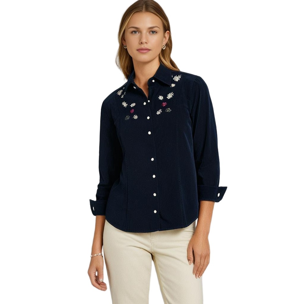 L.L. Bean Vintage Floral Embroidered Shirt Button-Up Cabin Core Rugged Size 8